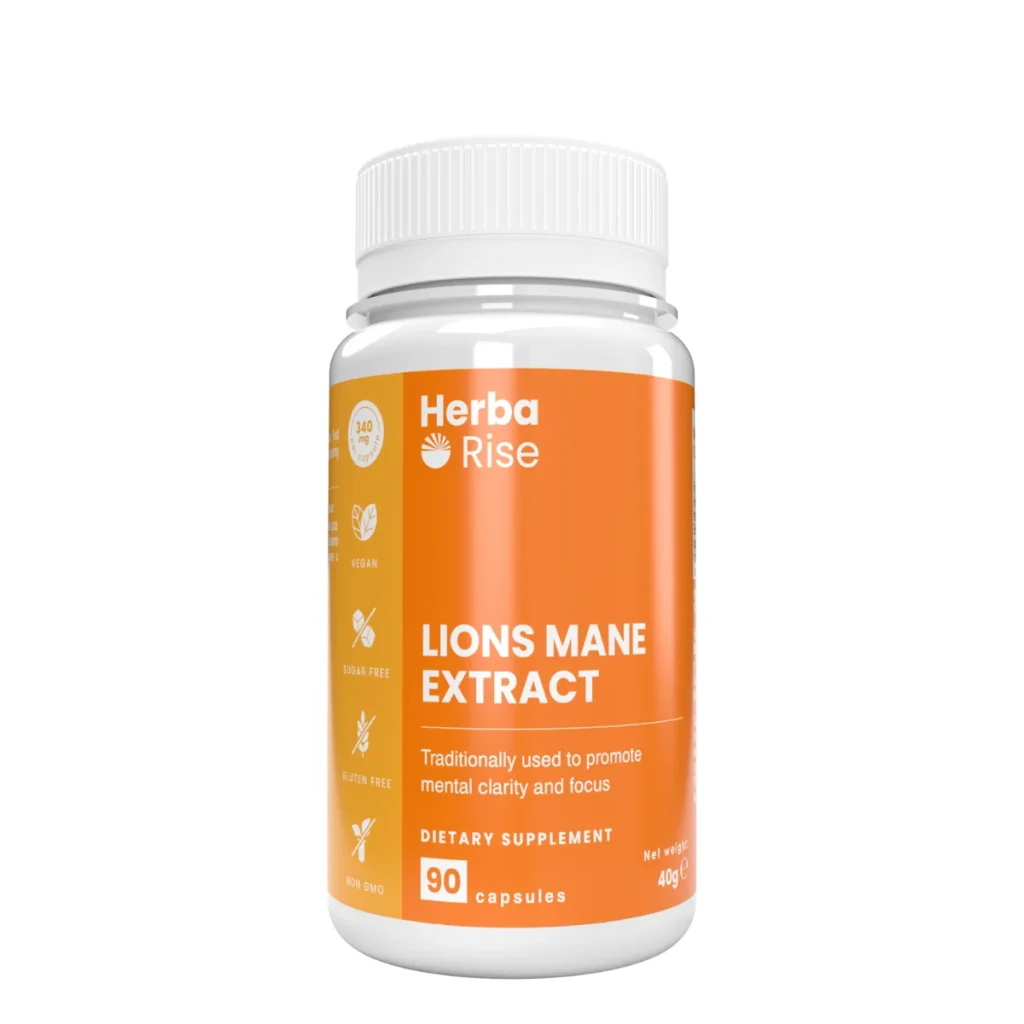 Изображение на опаковка хранителна добавка от продукта Лъвска грива от Herbarise, 90 капсули, веган, без глутен, без захар, без ГМО