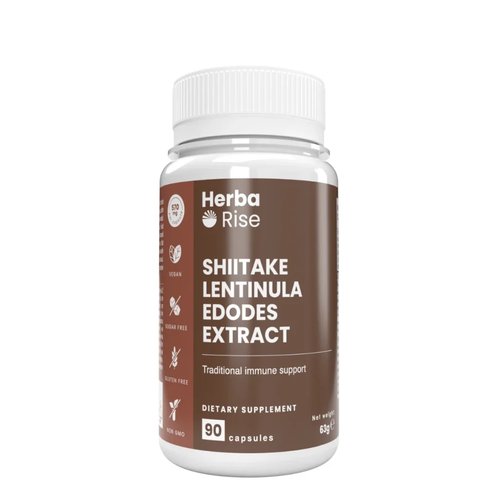 Опаковка хранителна добавка от продукта 'HERBARISE MONO SHIITAKE LENTINULA EDODES EXTRACT' екстракт от шийтаке 90 капсули, веган, без глутен, без захар, без ГМО