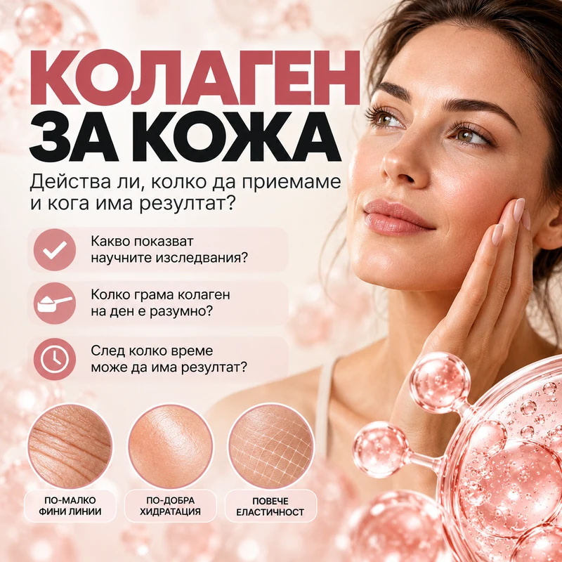 Жена с ръка върху лицето и инфографика за колаген за кожа, дневна доза, хидратация и еластичност.